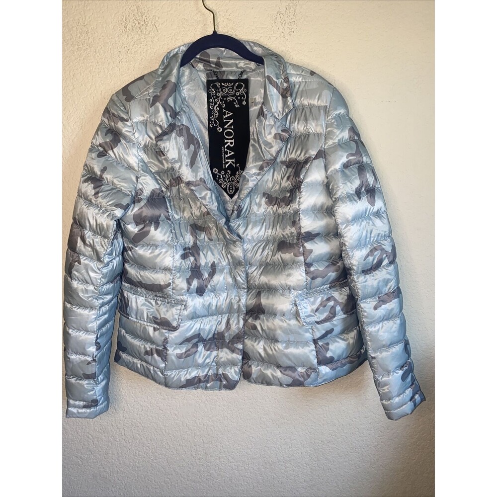 Anorak feather duck Down Puffer Camo jacket Snap Packable L women gorp winter